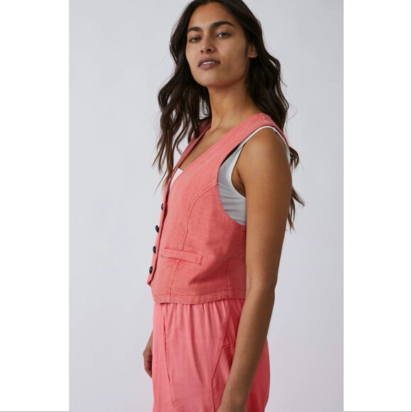 FREE PEOPLE Charley Linen Blend VEST Size XL Watermelon NEW $98 - Picture 3 of 9